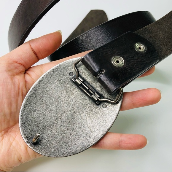 Vintage 90s Oval Buckle Belt Brown Embellished Amber Silver Rhinestones Design - Picture 6 of 8